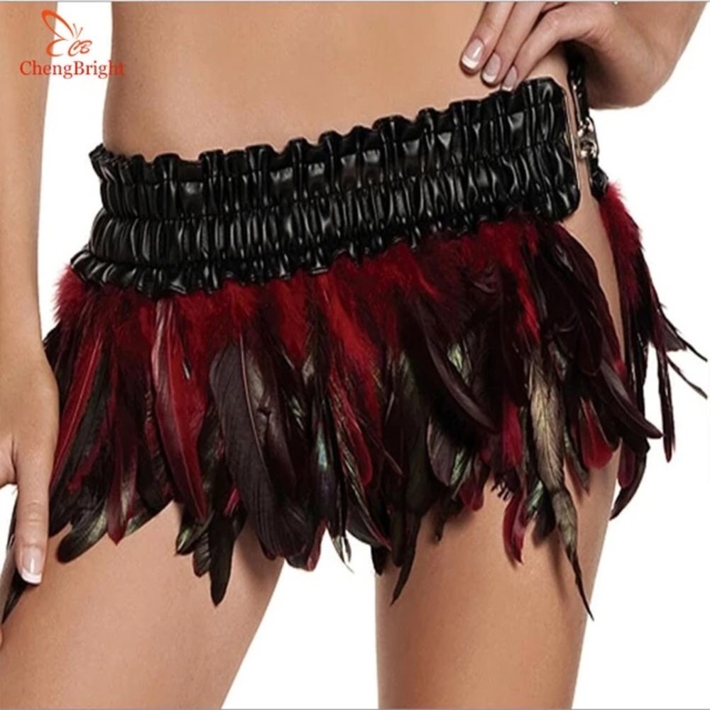 NEW Charming Red/Black Rooster Feathers Mini Skirt with Black Belt Small-Medium